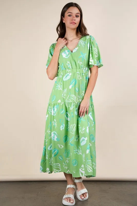 Printed V-Neck Midi Dress