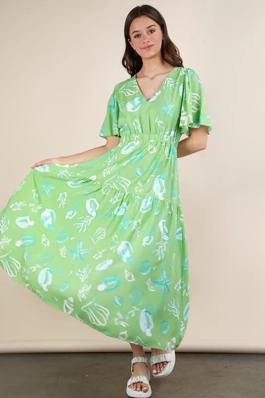 Printed V-Neck Midi Dress