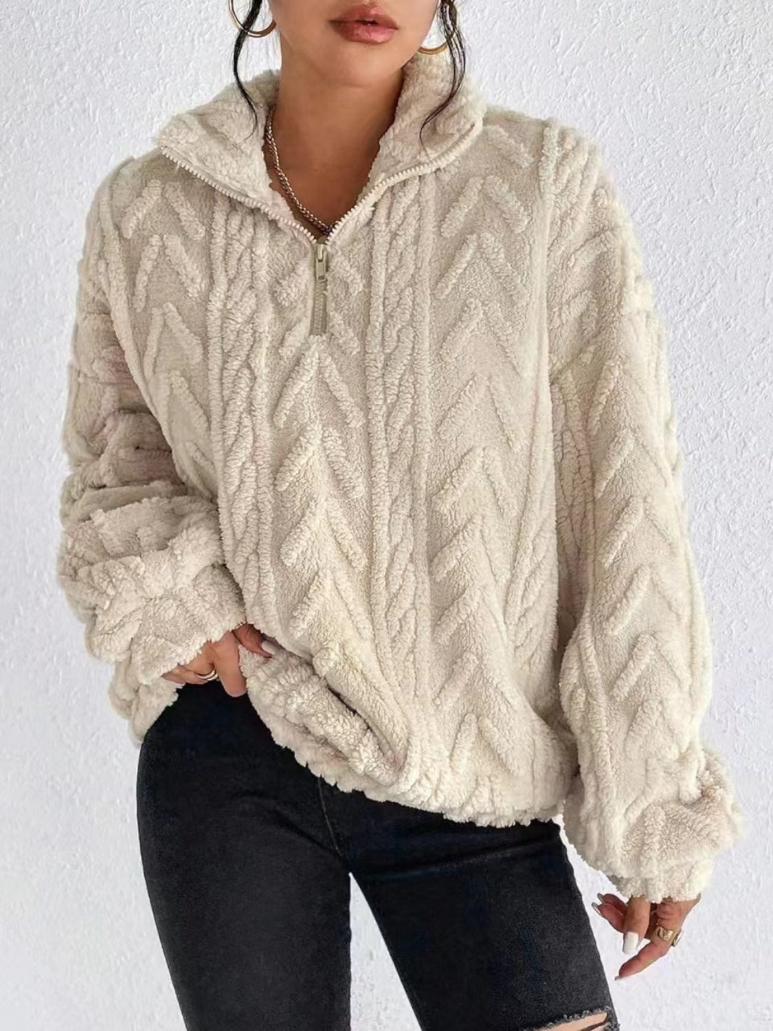 Fuzzy Quarter Zip Long Sleeve Sweatshirt - Burgeon Bizz