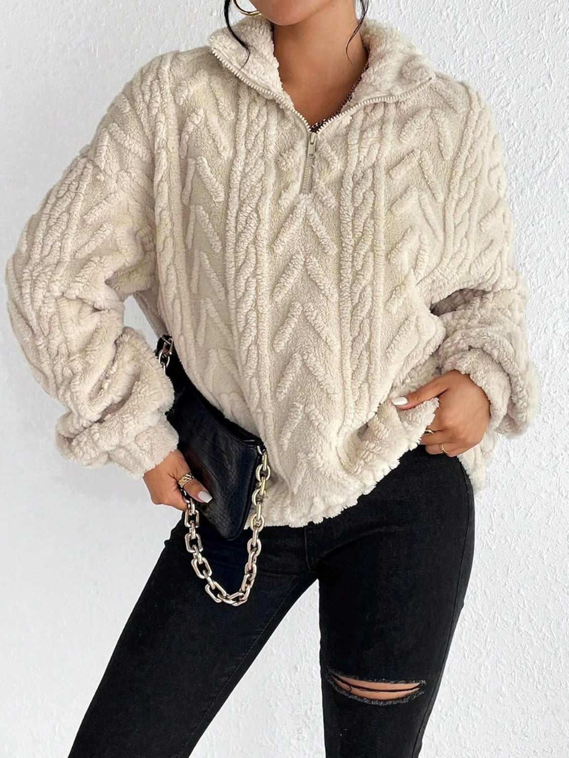 Fuzzy Quarter Zip Long Sleeve Sweatshirt - Burgeon Bizz