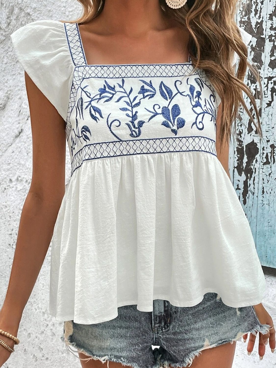 Embroidered Square Neck Blouse