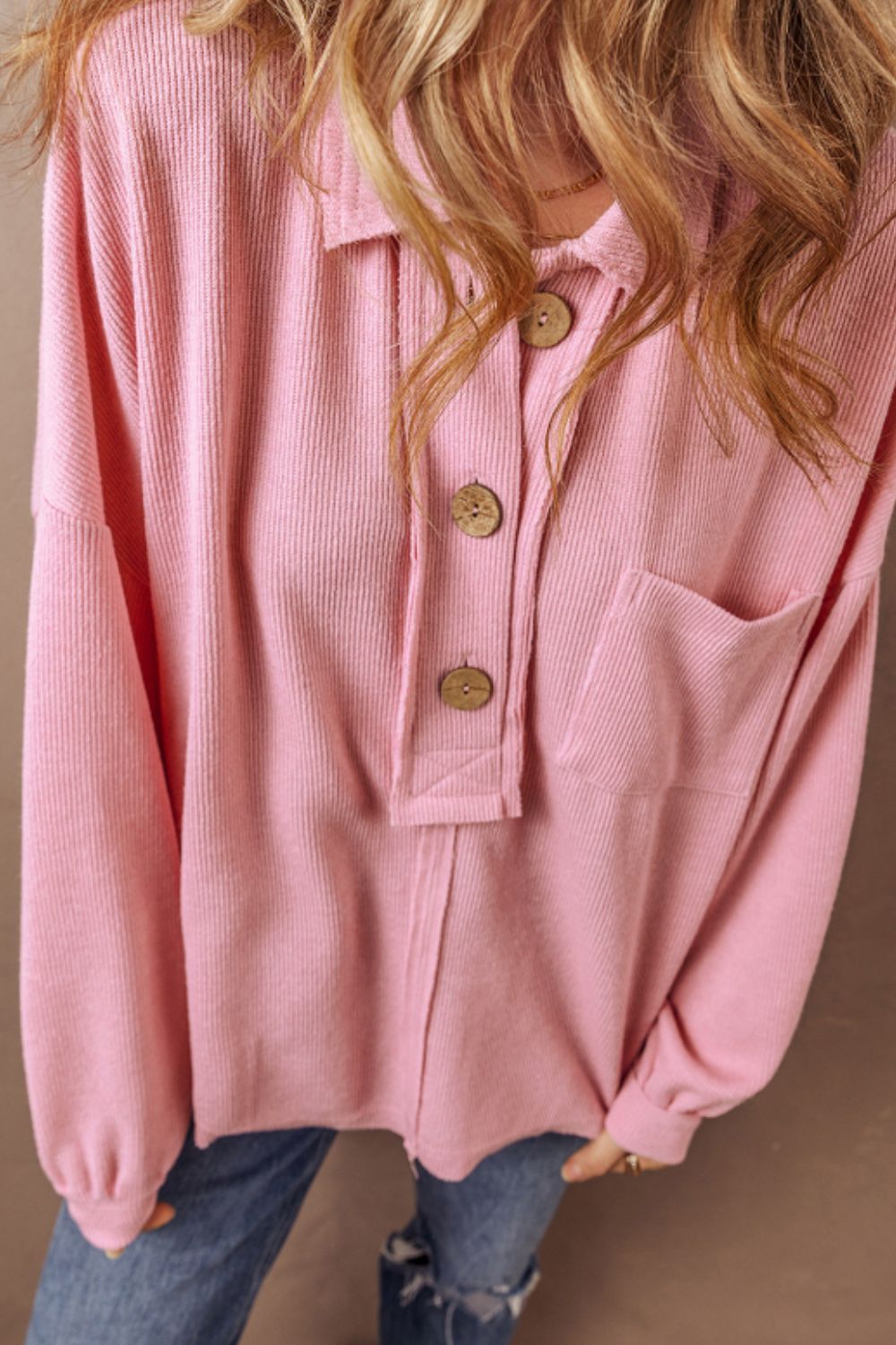 Pocketed Half Button Long Sleeve Sweatshirt - Burgeon Bizz