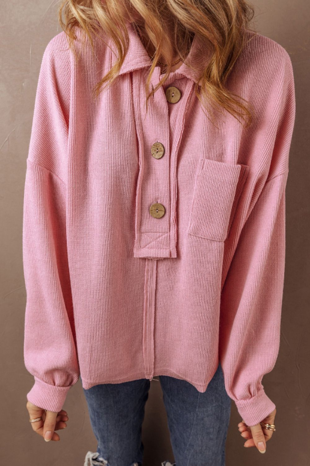 Pocketed Half Button Long Sleeve Sweatshirt - Burgeon Bizz