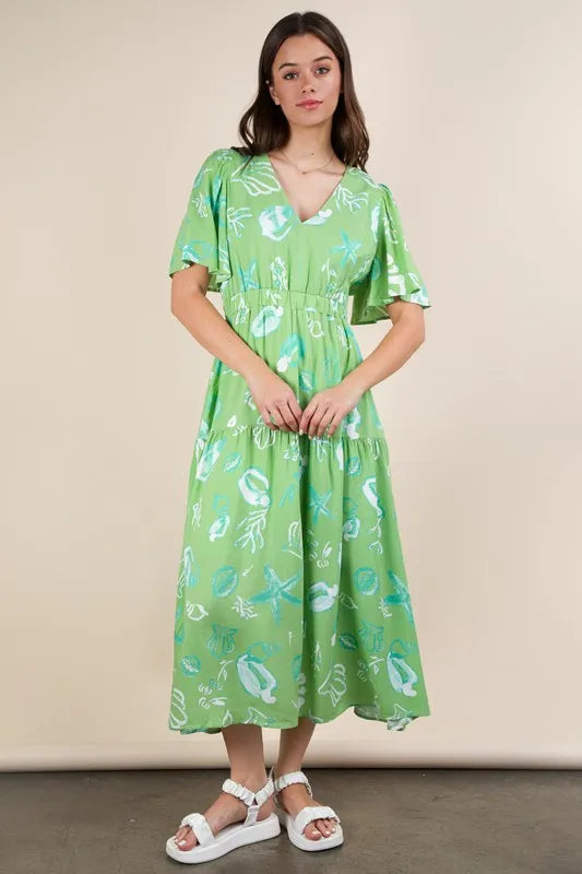 Printed V-Neck Midi Dress