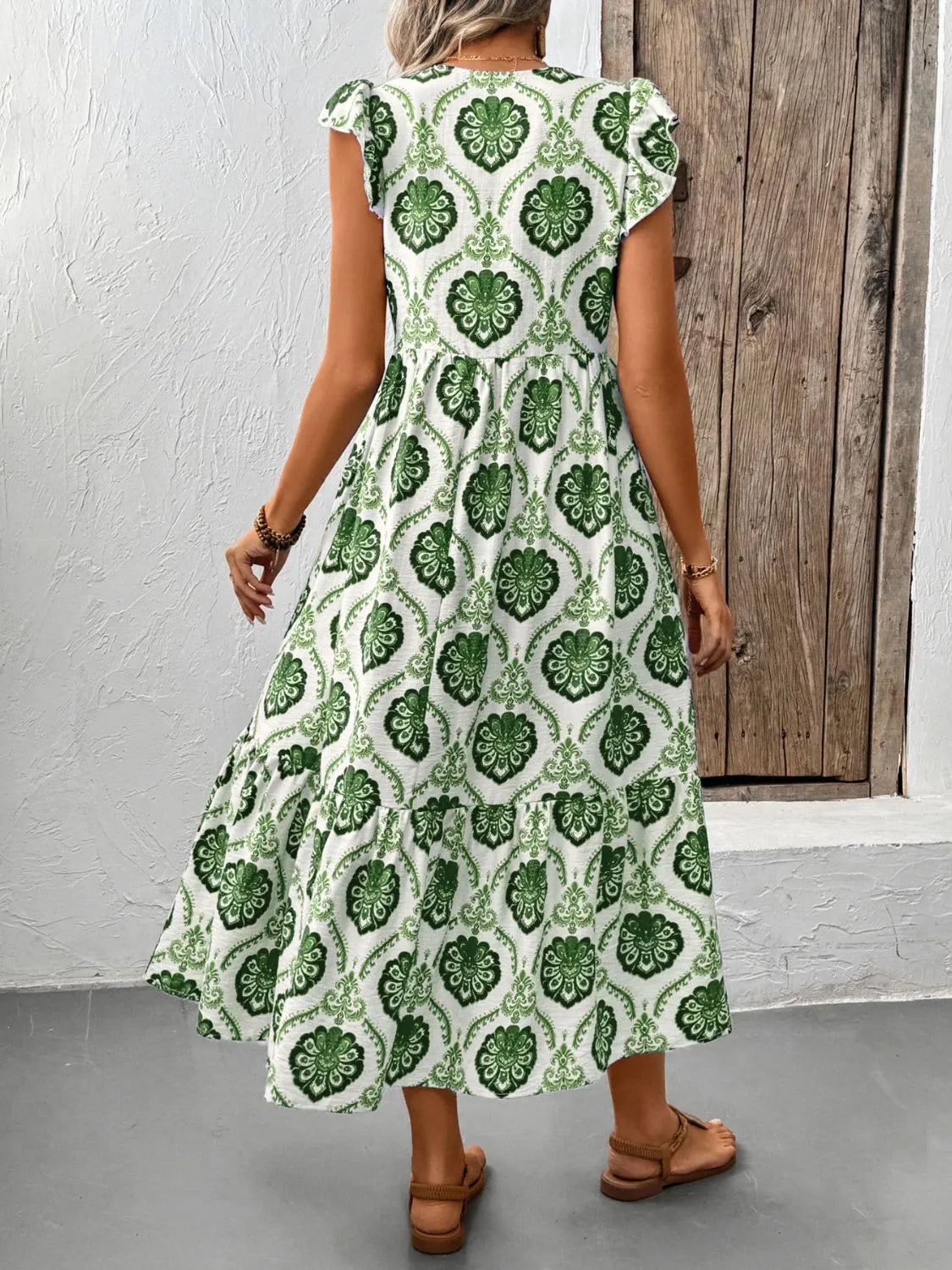 Ruffled Sleeves V-Neck Printed Dress