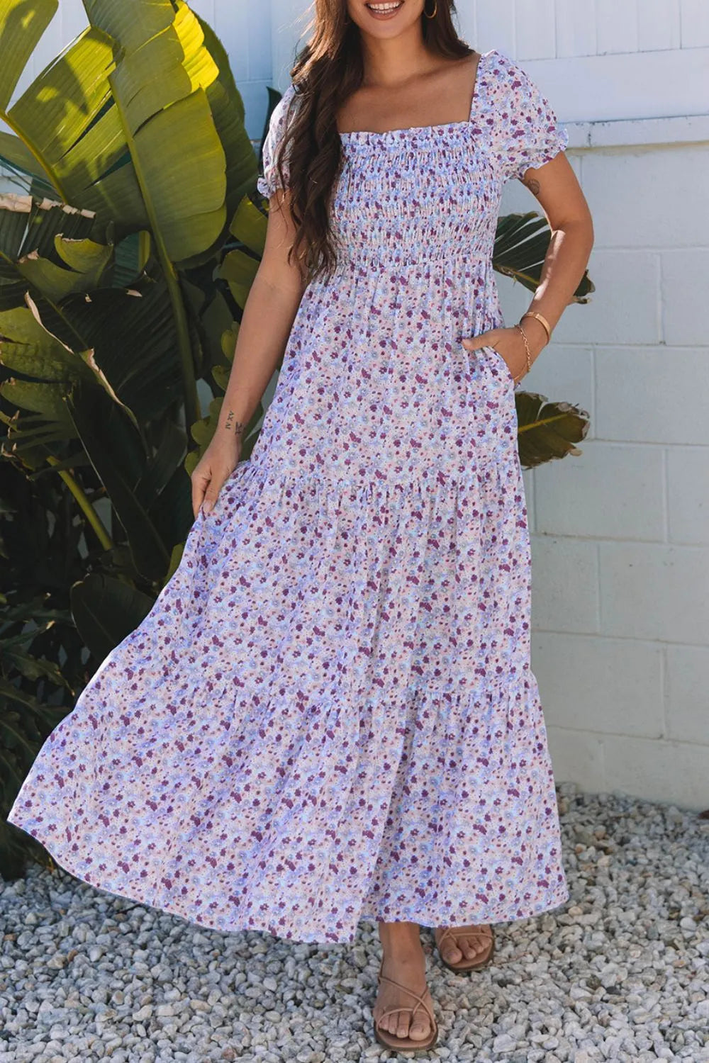 Tiered Floral Maxi Dress With Sleeves