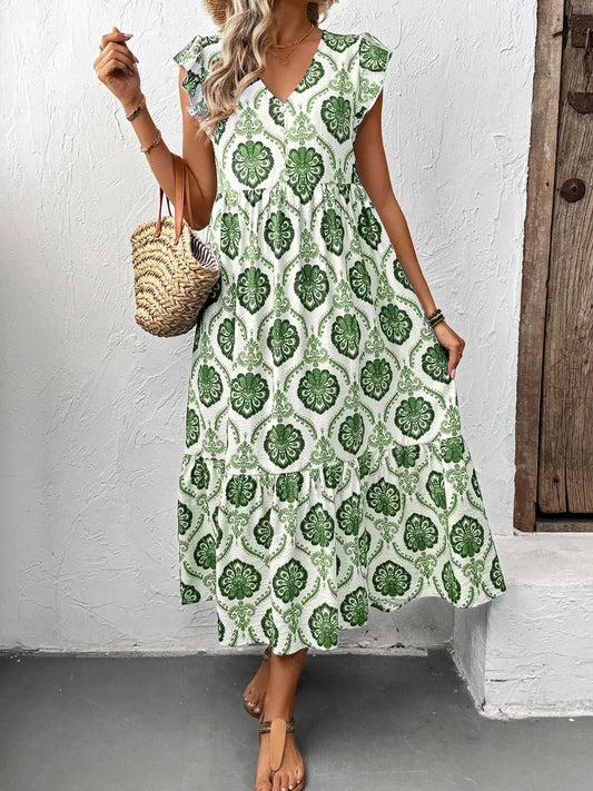 Ruffled Sleeves V-Neck Printed Dress