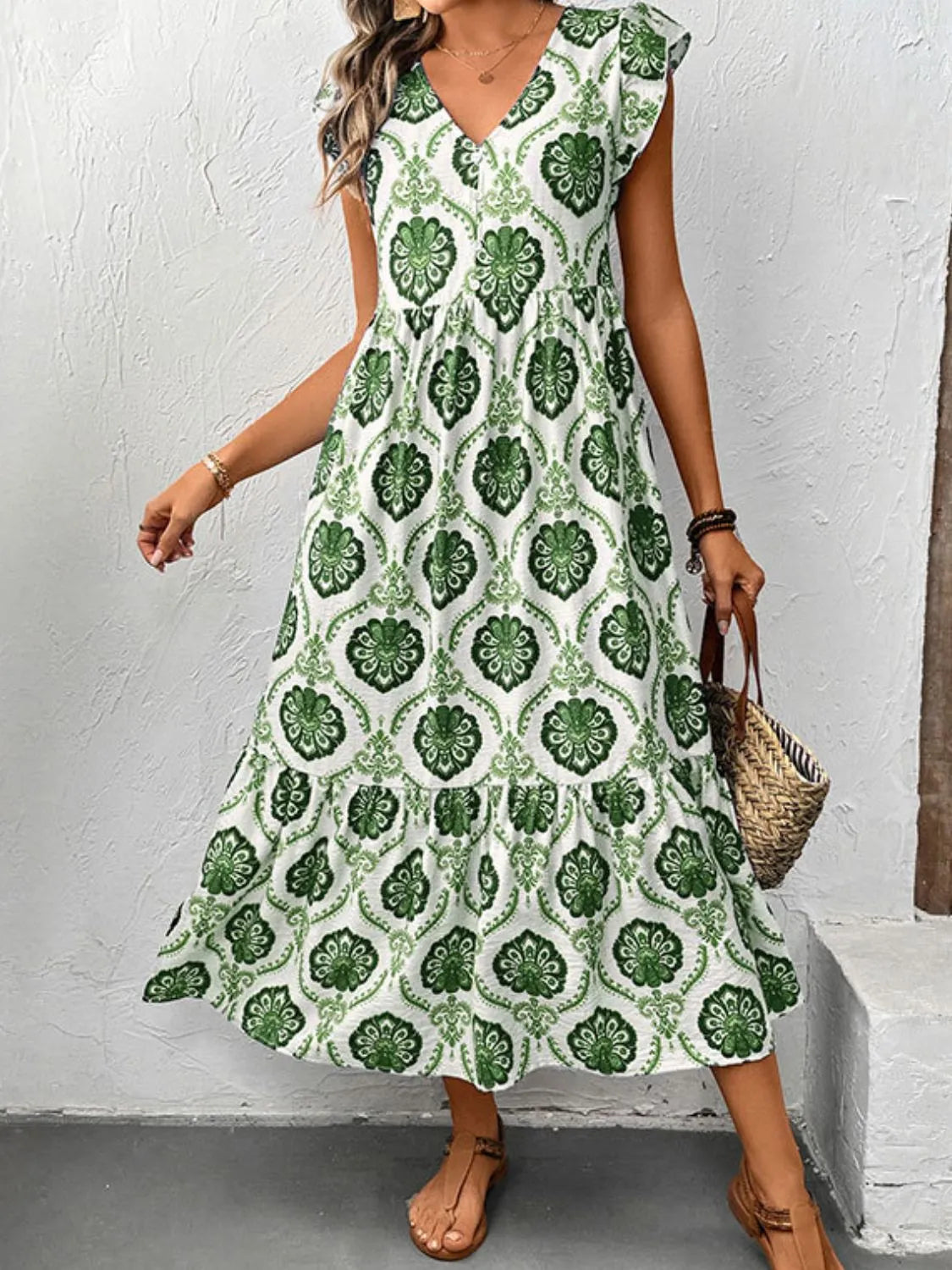Ruffled Sleeves V-Neck Printed Dress