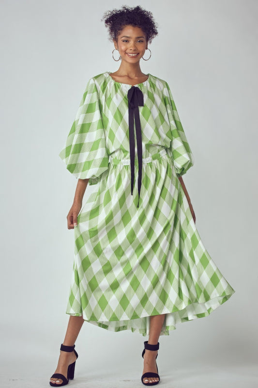 Balloon Sleeves Pocket Dress- Green