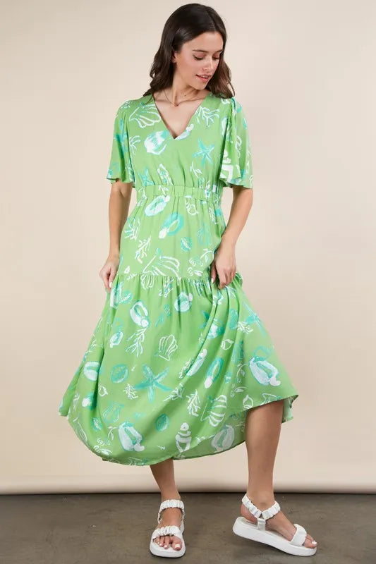 Printed V-Neck Midi Dress