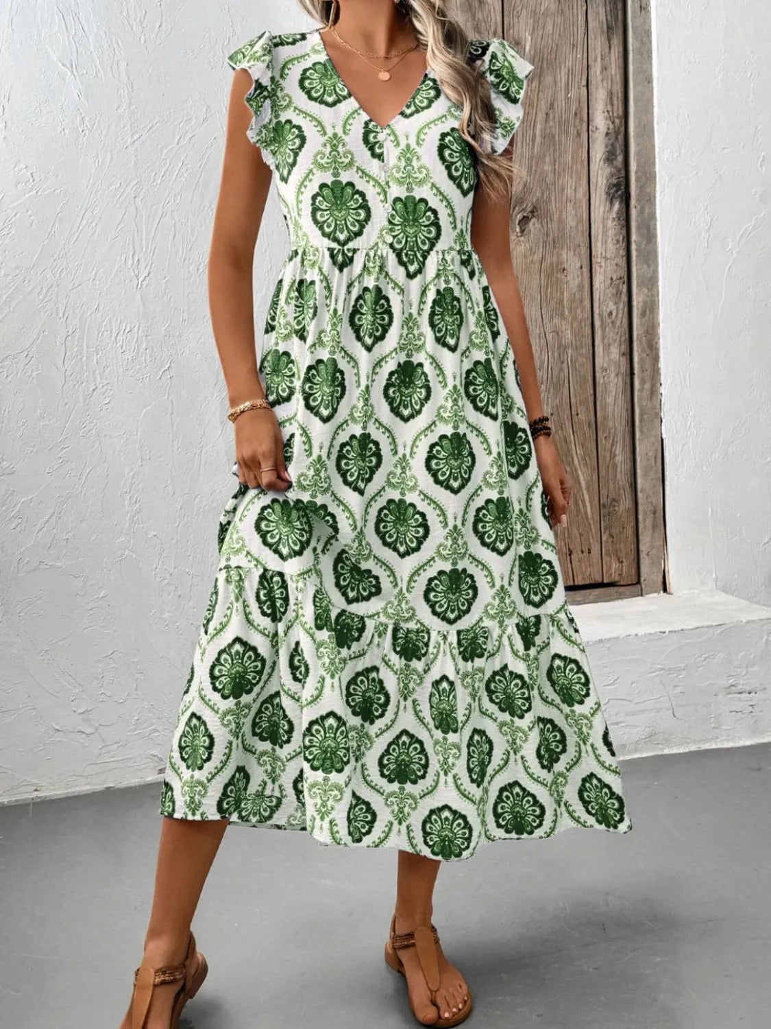 Ruffled Sleeves V-Neck Printed Dress