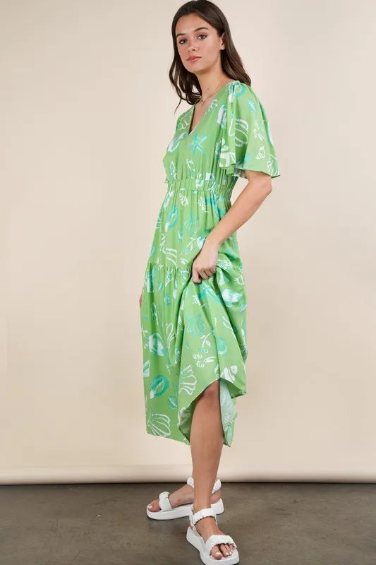 Printed V-Neck Midi Dress